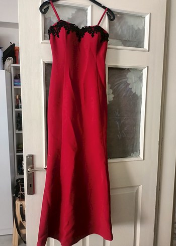 Kadın Uzun Kırmızı + siyah Straplez Drapeli Tulum - Görsel 5