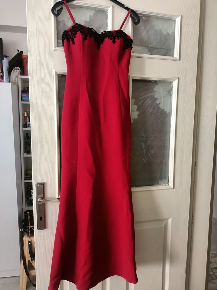 Kadın Uzun Kırmızı + siyah Straplez Drapeli Tulum - Görsel 5