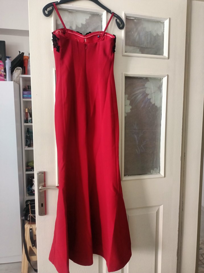 Kadın Uzun Kırmızı + siyah Straplez Drapeli Tulum - Görsel 4