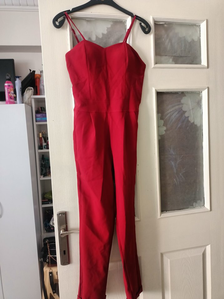 Kadın Uzun Kırmızı + siyah Straplez Drapeli Tulum - Görsel 3