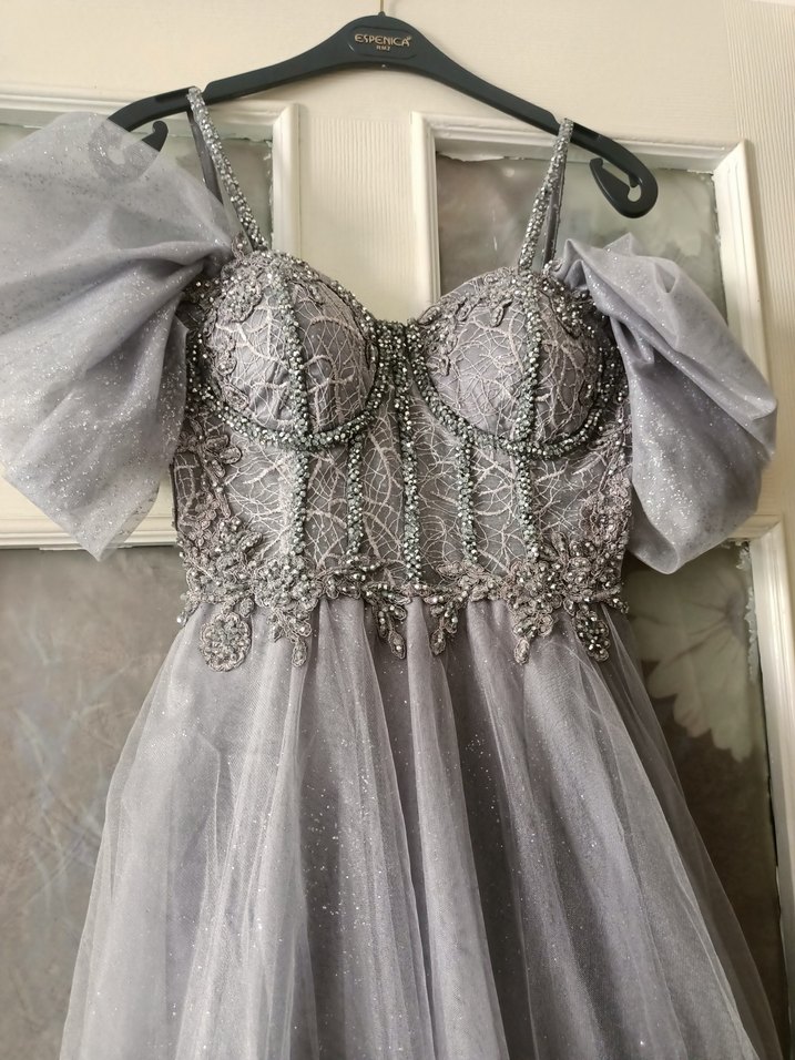 Gri İşlemeli  Uzun Abiye nişanlık  Elbise - Görsel 4