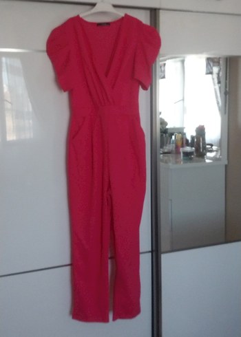 Pembe V Yaka Kısa Kollu Tulum