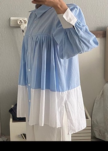 Mavi Piliseli Pamuklu Midi Gömlek - Görsel 3