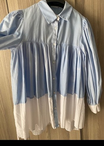 Mavi Piliseli Pamuklu Midi Gömlek - Görsel 4