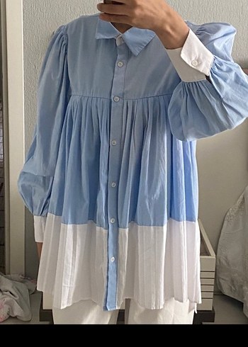 Mavi Piliseli Pamuklu Midi Gömlek - Görsel 2