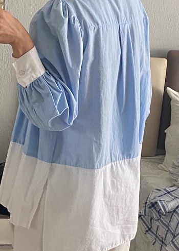 Mavi Piliseli Pamuklu Midi Gömlek - Görsel 5