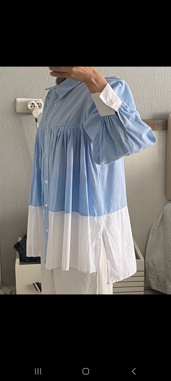 Mavi Piliseli Pamuklu Midi Gömlek - Görsel 3