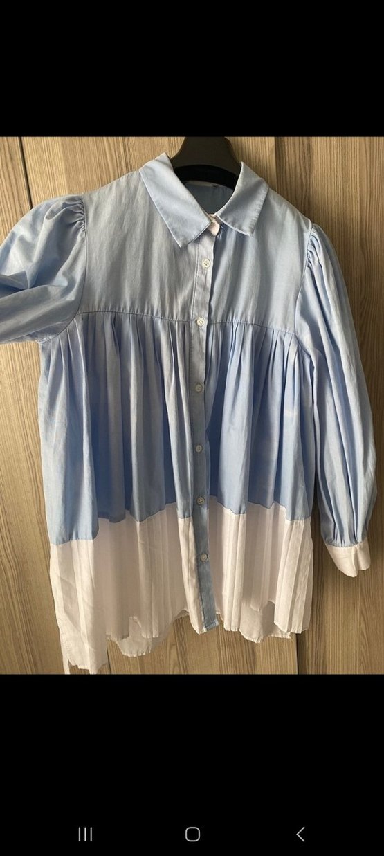 Mavi Piliseli Pamuklu Midi Gömlek - Görsel 4