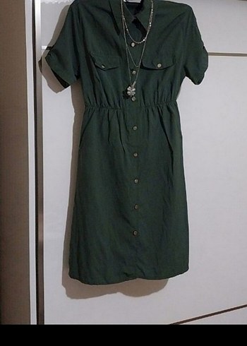 Kemerli Kısa Kollu Midi Keten Elbise - Görsel 2