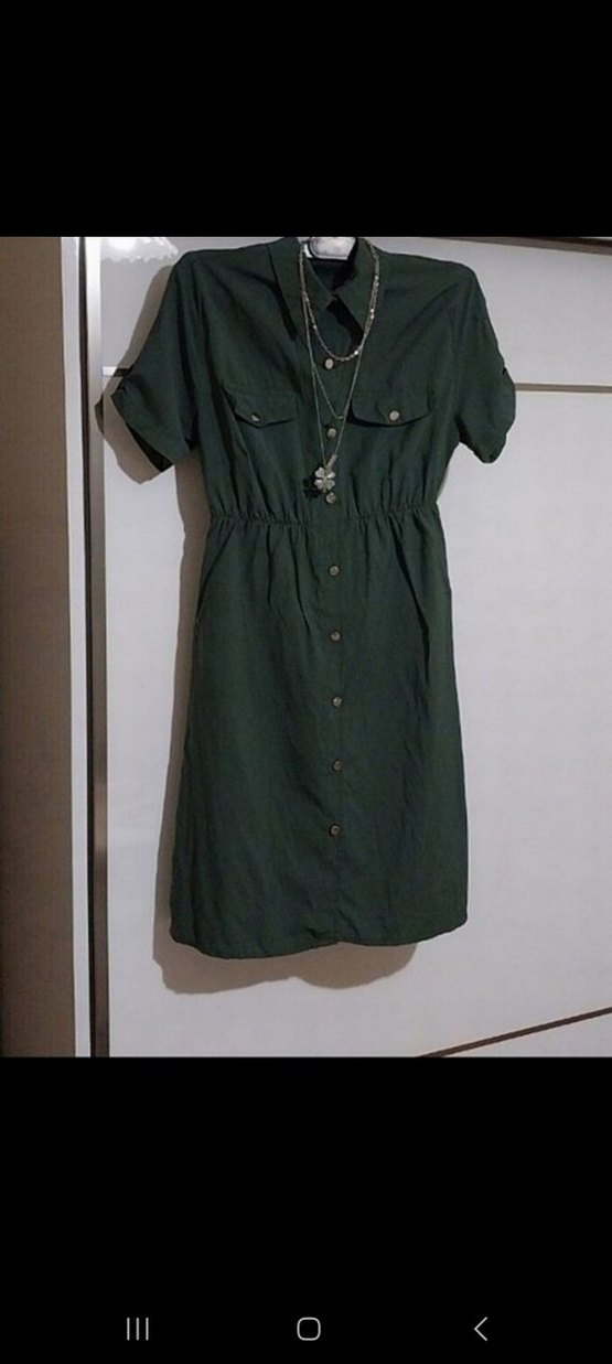 Kemerli Kısa Kollu Midi Keten Elbise - Görsel 2