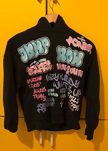 Kız Çocuk 11 12 yaş zara Siyah Baskılı Kapüşonlu Sweatshirt
