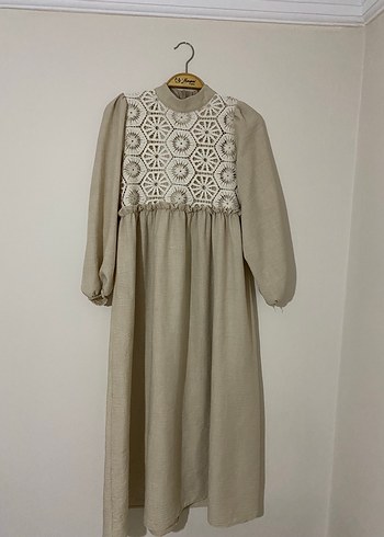 Bej Nakışlı Dantel Detaylı Bohem Uzun Elbise