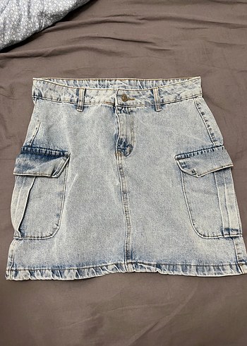 Gri Denim Cep Detaylı Mini Etek