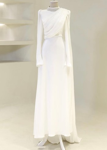 Uzun Kollu Beyaz Modern Klasik nikah elbisesi