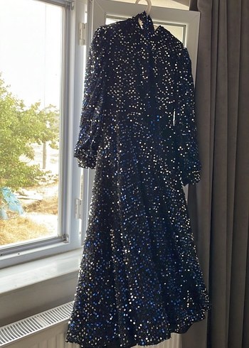 Lacivert Uzun Kol Drapeli Abiye Elbise - Görsel 3