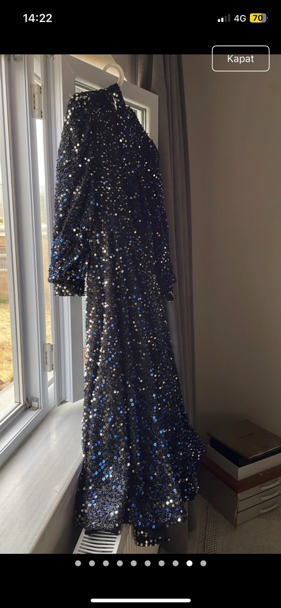 Lacivert Uzun Kol Drapeli Abiye Elbise - Görsel 2