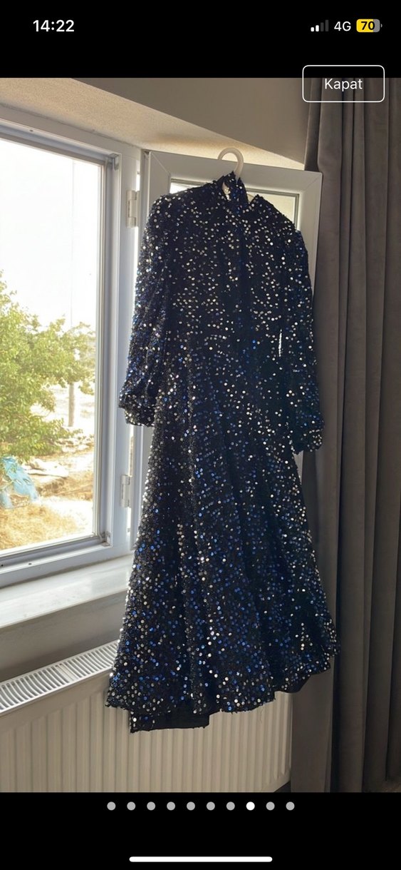 Lacivert Uzun Kol Drapeli Abiye Elbise - Görsel 3