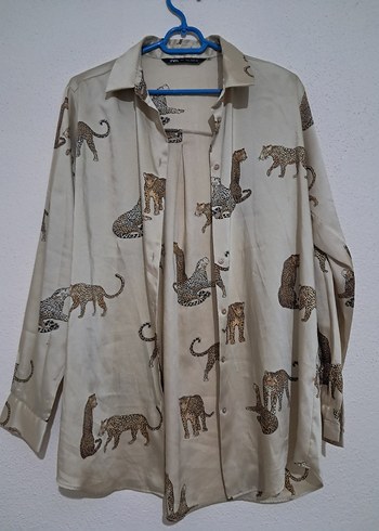 Leopar Desenli Bej Kadın Keten Gömlek