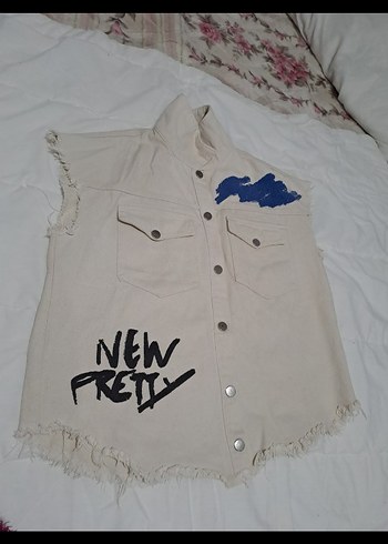 Beyaz Baskılı Kolsuz Denim Ceket - Görsel 4