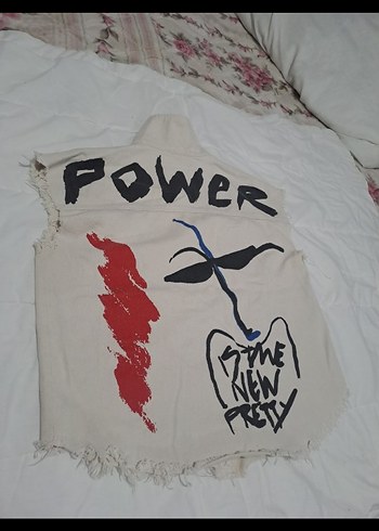 Beyaz Baskılı Kolsuz Denim Ceket - Görsel 5