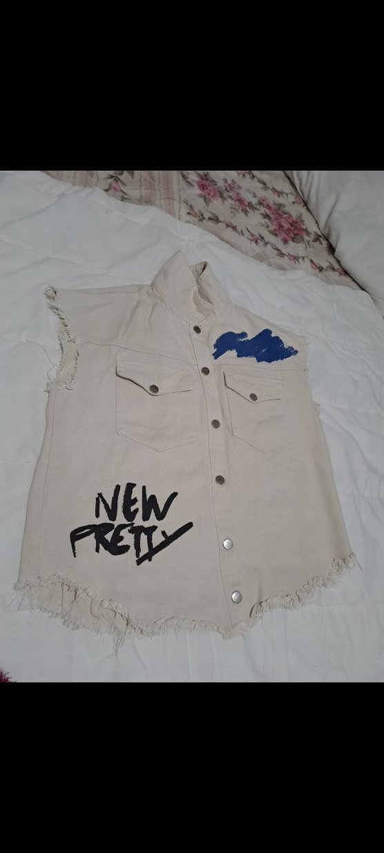 Beyaz Baskılı Kolsuz Denim Ceket - Görsel 4