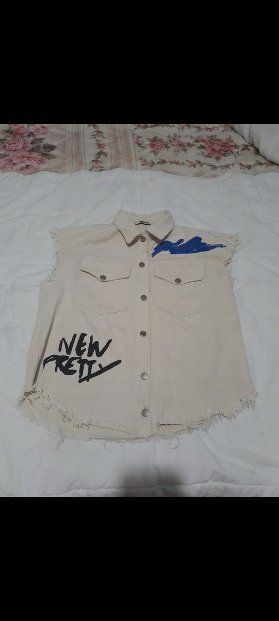 Beyaz Baskılı Kolsuz Denim Ceket - Görsel 3