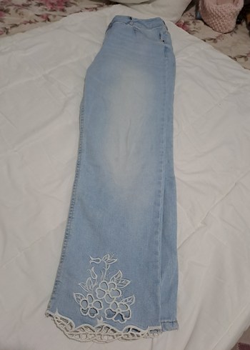 Dantel Detaylı Mavi Kadın Denim Pantolon - Görsel 4