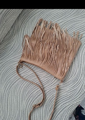 Bej Süet Püsküllü Bohem Kadın Çanta - Görsel 2