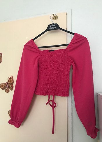Pembe Straplez Uzun Kollu Örgü Bluz