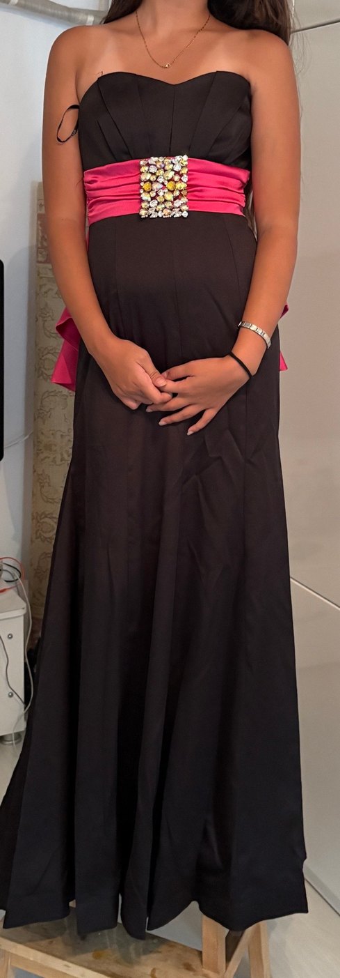 36 Beden Uzun Straplez Pembe Kemerli Abiye Elbise - Görsel 4