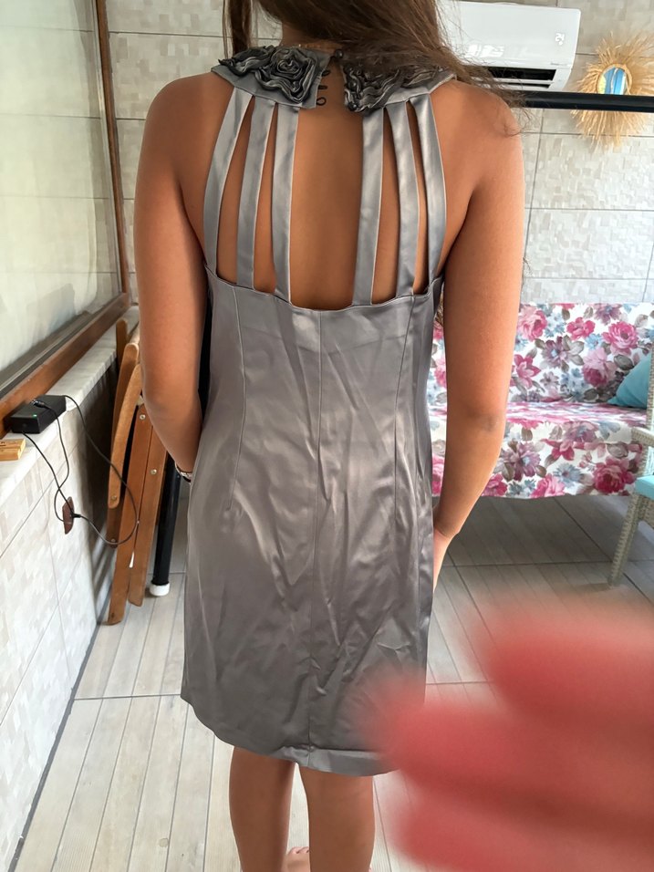 36-38 Beden Gri Nakışlı Straplez Midi Abiye Elbise - Görsel 2