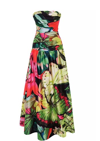 KeiKei 38 Beden Renkli Drapeli Straplez Uzun Elbise - Görsel 3