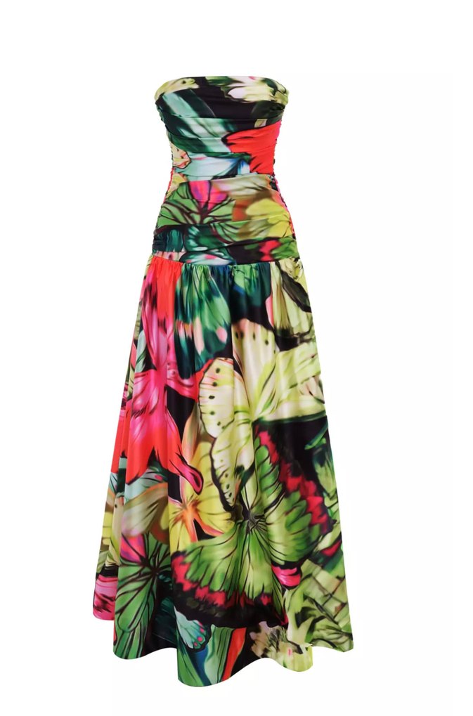 KeiKei 38 Beden Renkli Drapeli Straplez Uzun Elbise - Görsel 3