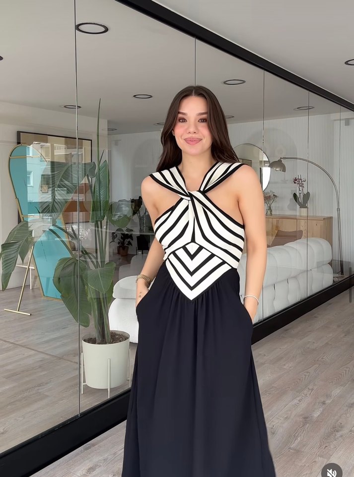 S-M Zebra Desenli Siyah Uzun Triko Üstlü Drapeli Kadın Elbise - Görsel 2