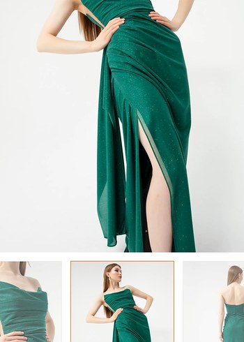 40 Beden Lafaba Yeşil Drapeli Uzun Straplez Abiye Elbise - Görsel 4