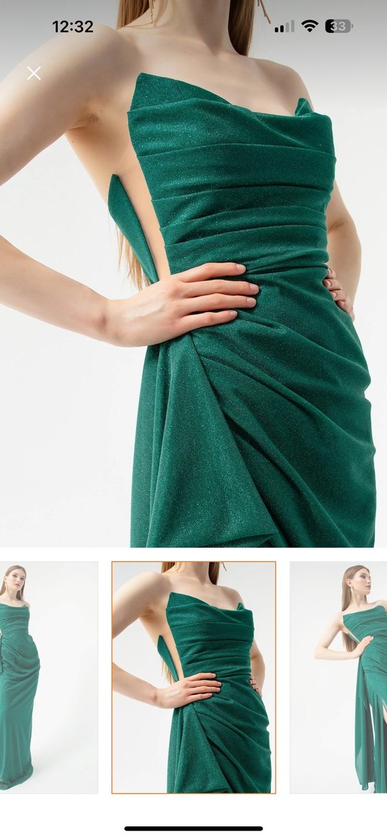 40 Beden Lafaba Yeşil Drapeli Uzun Straplez Abiye Elbise - Görsel 3