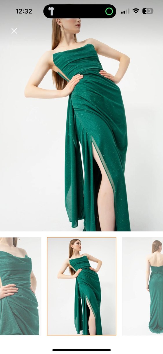 40 Beden Lafaba Yeşil Drapeli Uzun Straplez Abiye Elbise - Görsel 4