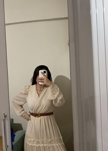 Trendyol & Milla Dantel Detaylı Bej Bohem Midi Elbise