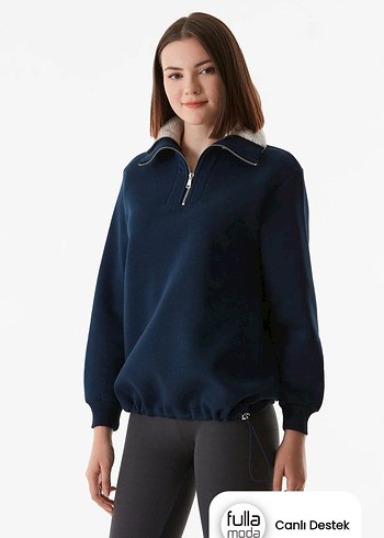 3 İplik Basic Yakası Pelüş Detaylı Beli Stoperli Sweatshirt - Görsel 5