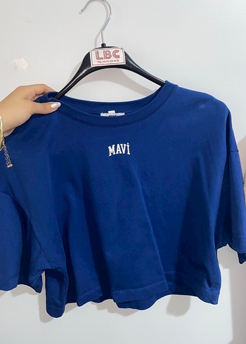 Mavi Renkli Kısa Kollu Crop Tişört