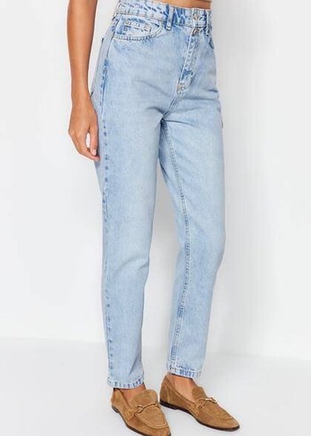 Düğmeli Gri Mavi Midi Boy Bol Kesim Kadın Kot Pantolon - Görsel 2