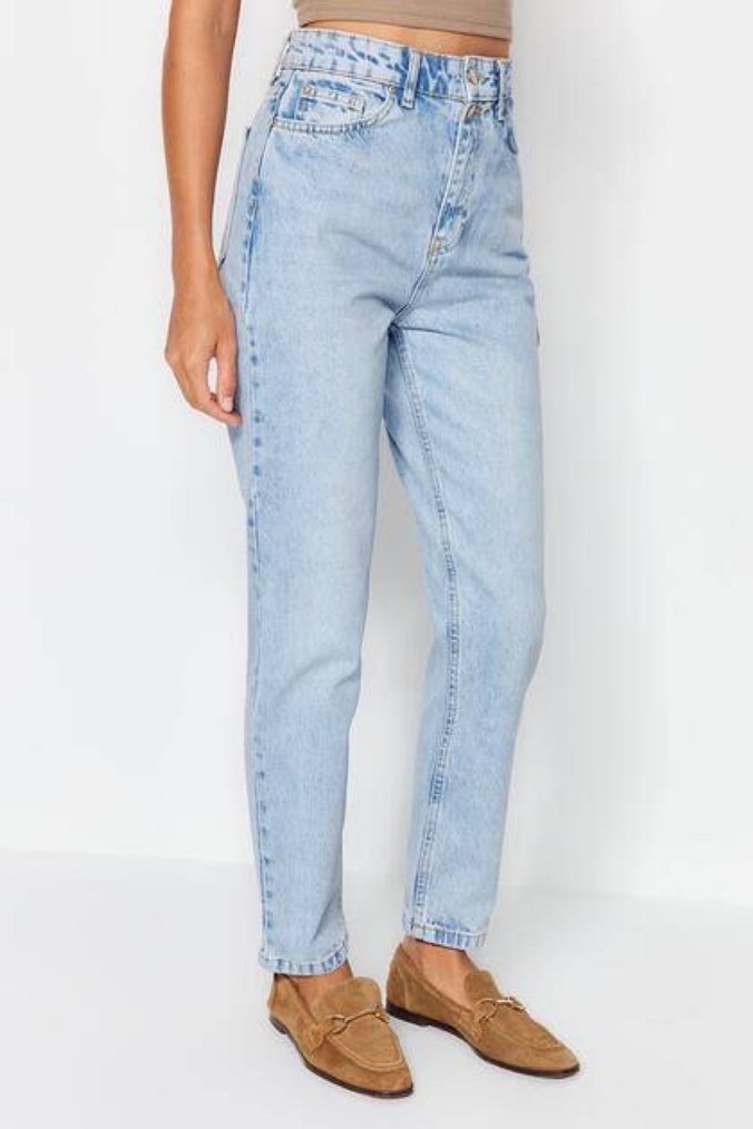 Düğmeli Gri Mavi Midi Boy Bol Kesim Kadın Kot Pantolon - Görsel 2