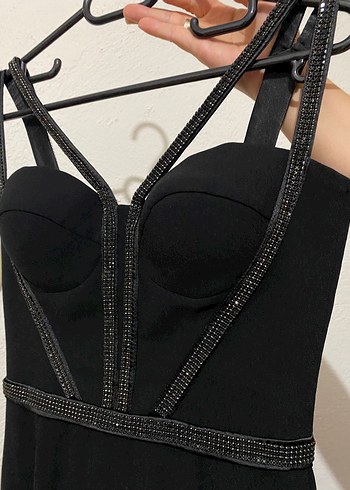 s Beden Siyah Midi Strappy Straplez Kadın Siyah Abiye Elbise