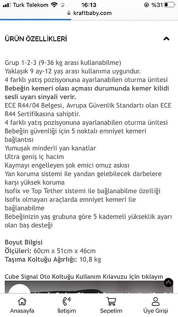 9- 36 kg Beden gri Renk Kraft cube signal oto koltuğu