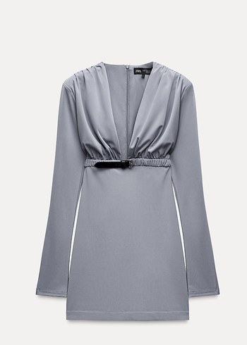 Gri V Yaka Kemerli Mini Elbise