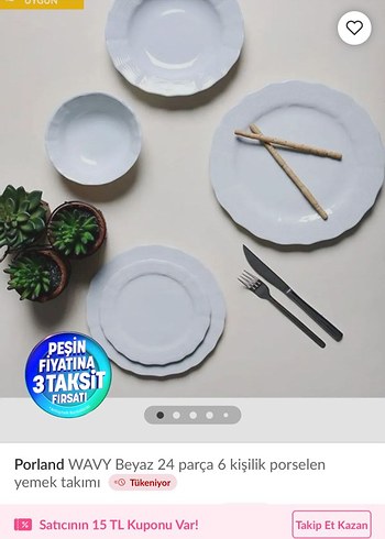 Porland WAVY Beyaz 24 Parça 6 Kişilik Porselen Yemek Takımı