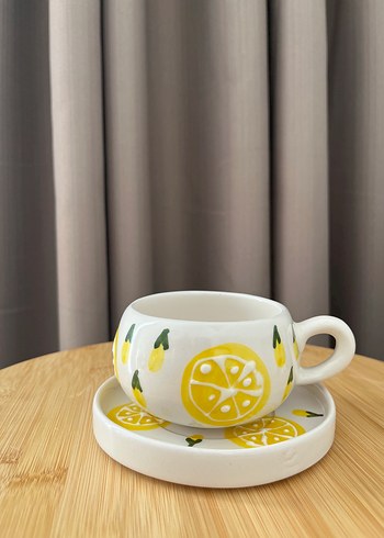 Sarı Limon Desenli Seramik Fincan ve Tabağı