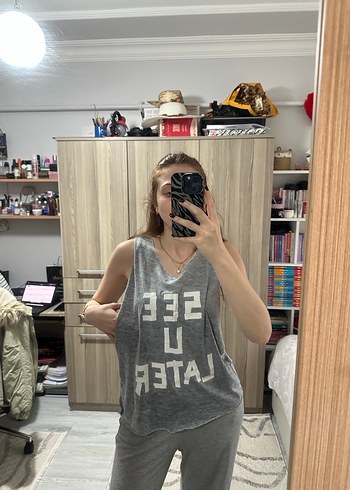 Gri Baskılı Denim Askısız Atlet - Görsel 4