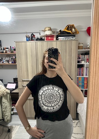 Bohem Tarz Siyah Baskılı Kadın Tişört - Görsel 2