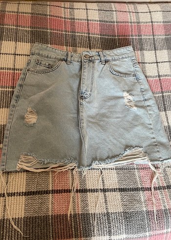 Kadın açık mavi kot Mini Etek - Görsel 2